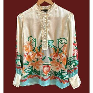 Hale Bob Women's Cream Satin Tropical Floral Button Up Blouse Sz M Ruffled Retro